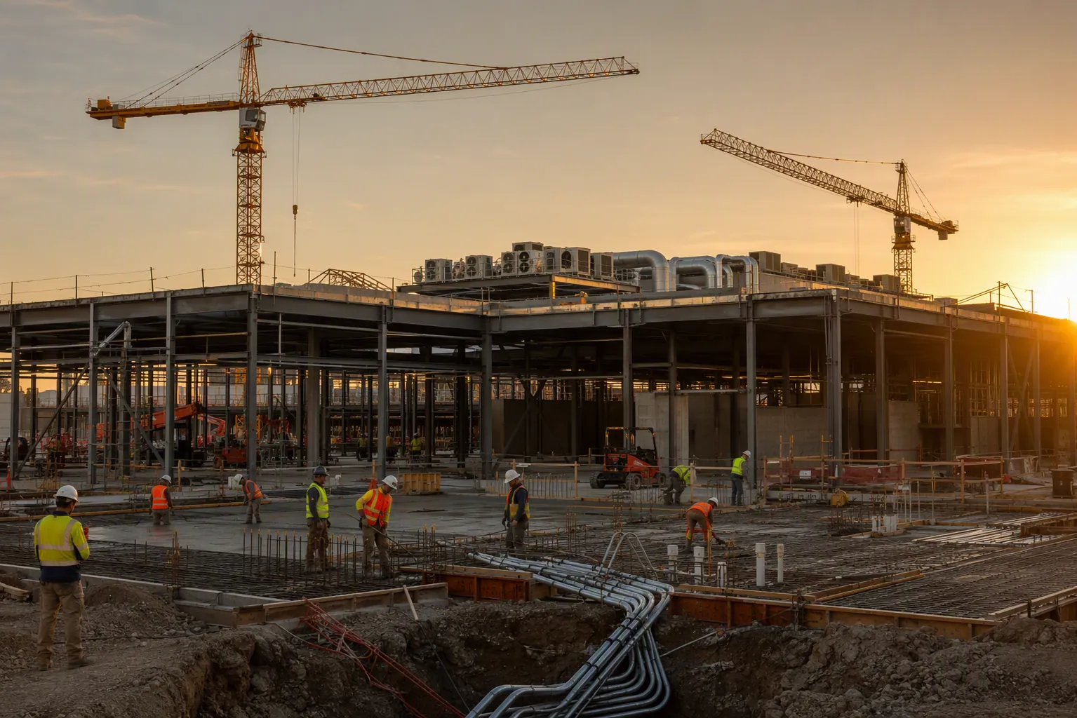 Data-center construction site with cranes, steel framework, crews in high-visibility gear, concrete work, conduit, and exposed cooling pipes