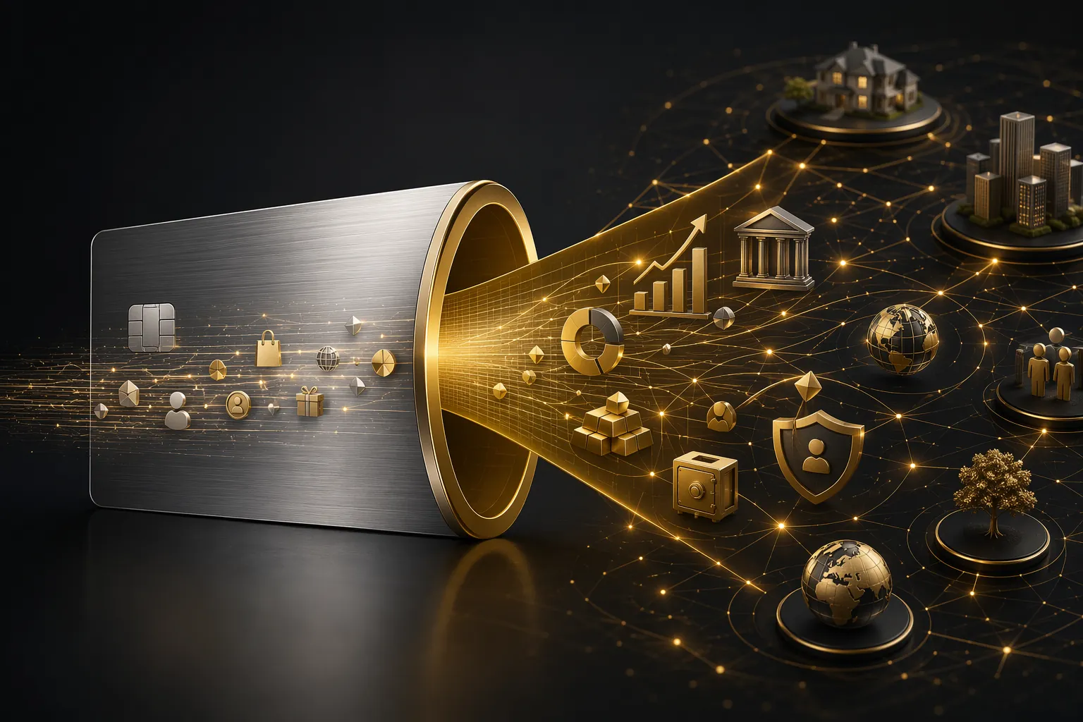A platinum credit card turning into a golden funnel connected to financial ecosystem icons