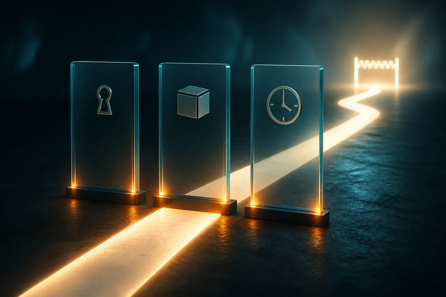 A glowing path blocked by three translucent gate panels representing access, packaging, and duration limits