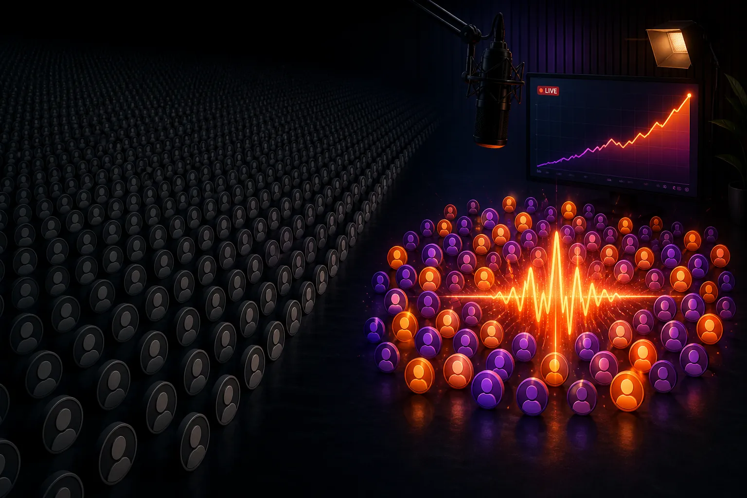 Dark editorial illustration of live streaming reach, with a large dim follower grid and a smaller bright cluster of live viewers around a broadcast waveform