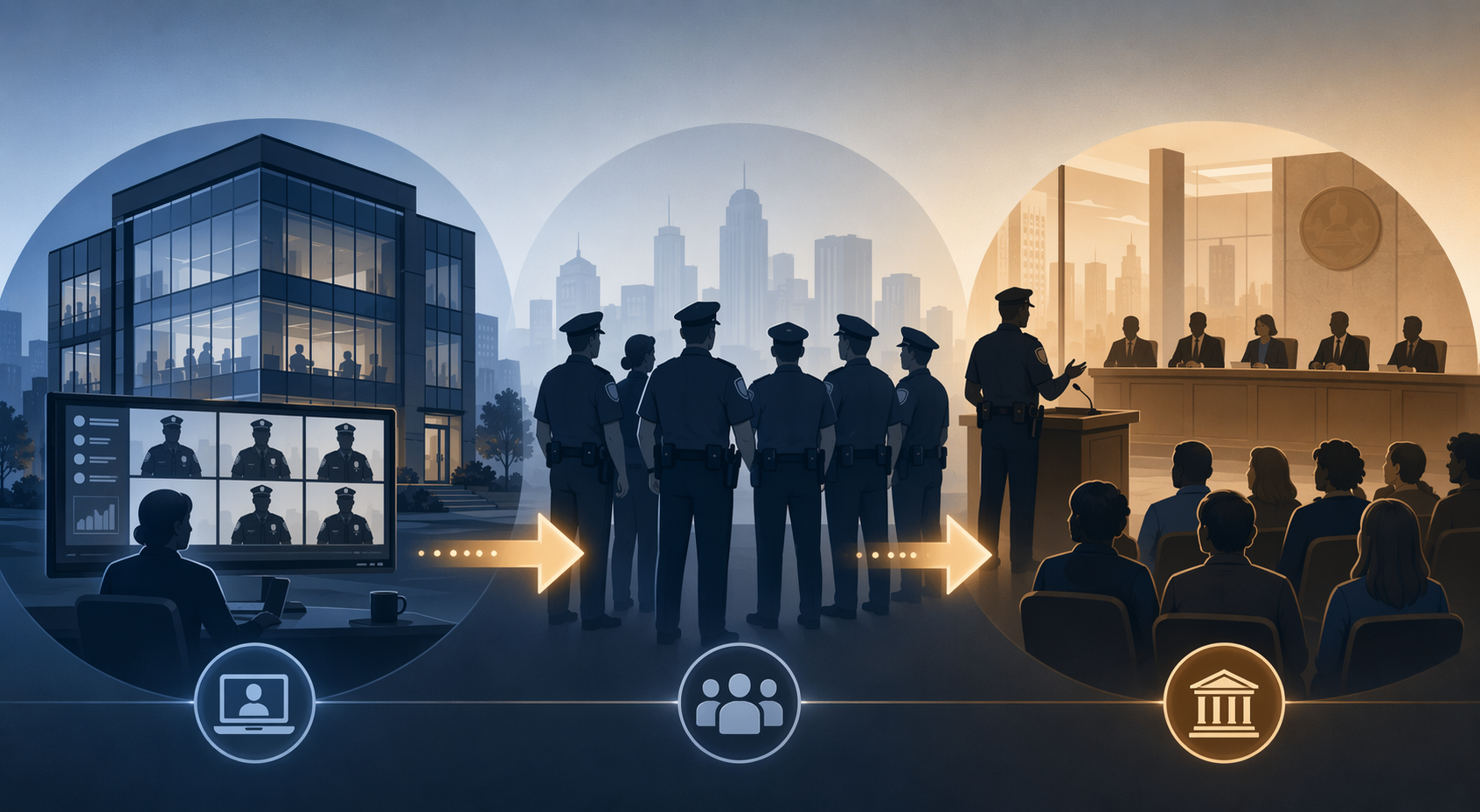 A coordination flow from a corporate webinar to police officers to a city council meeting