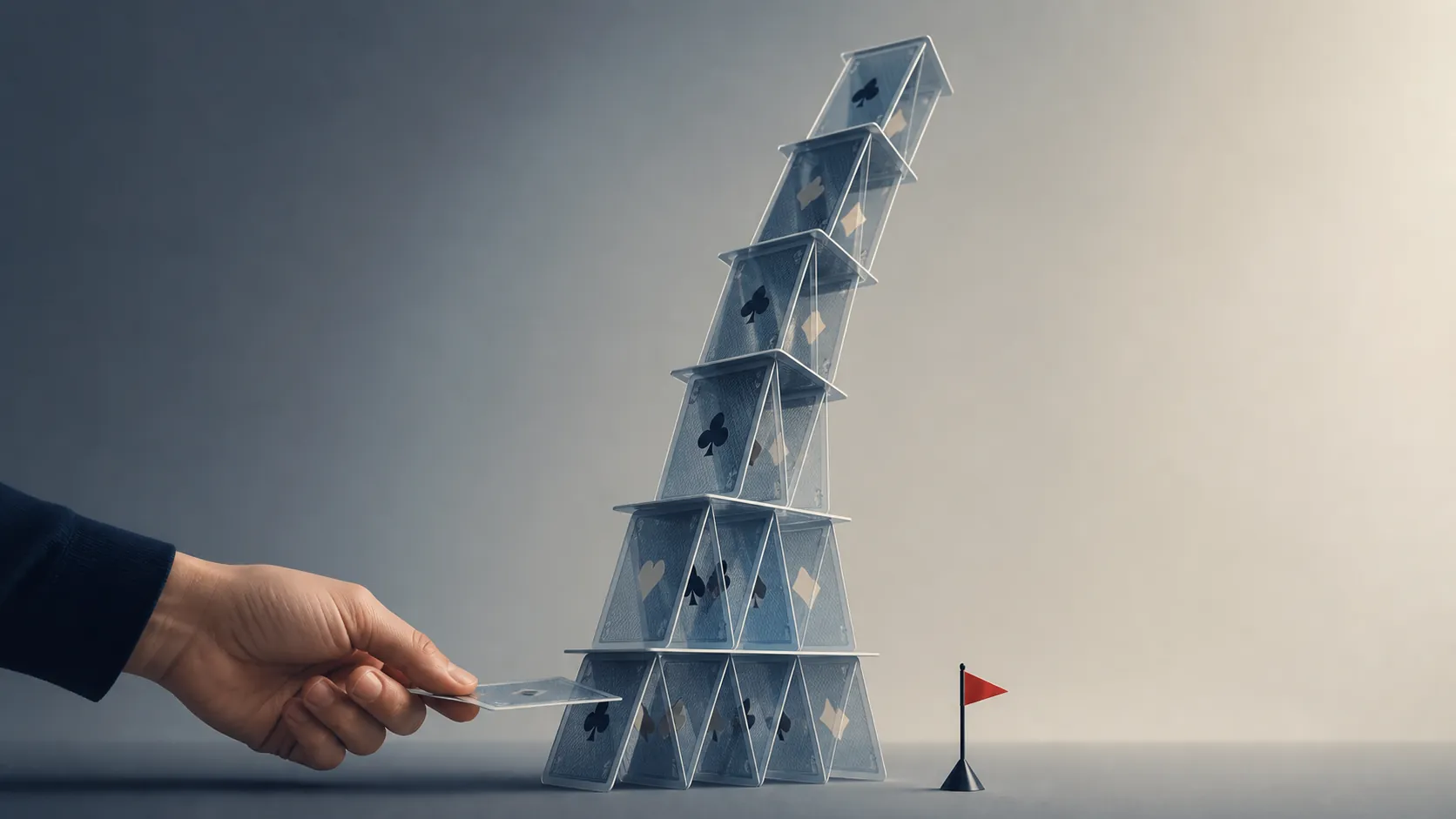 Leaning tower of stacked translucent cards with one card pulled from the base