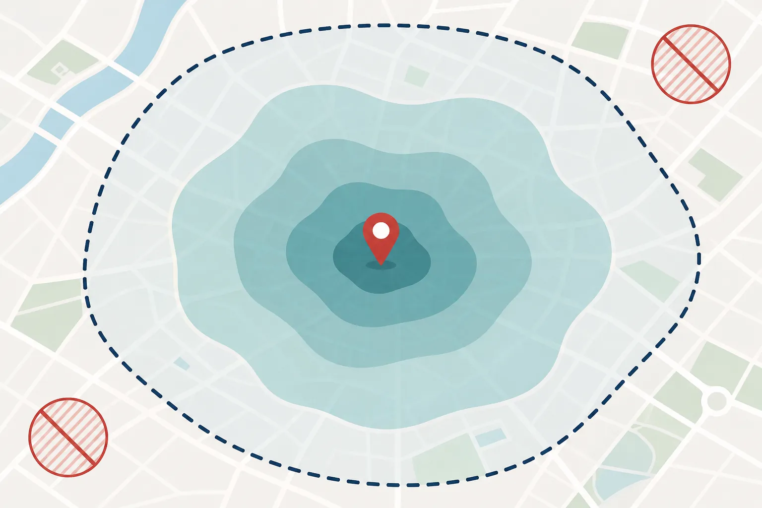 Diagram showing query location, presence zones, a campaign-level geographic boundary, and excluded areas