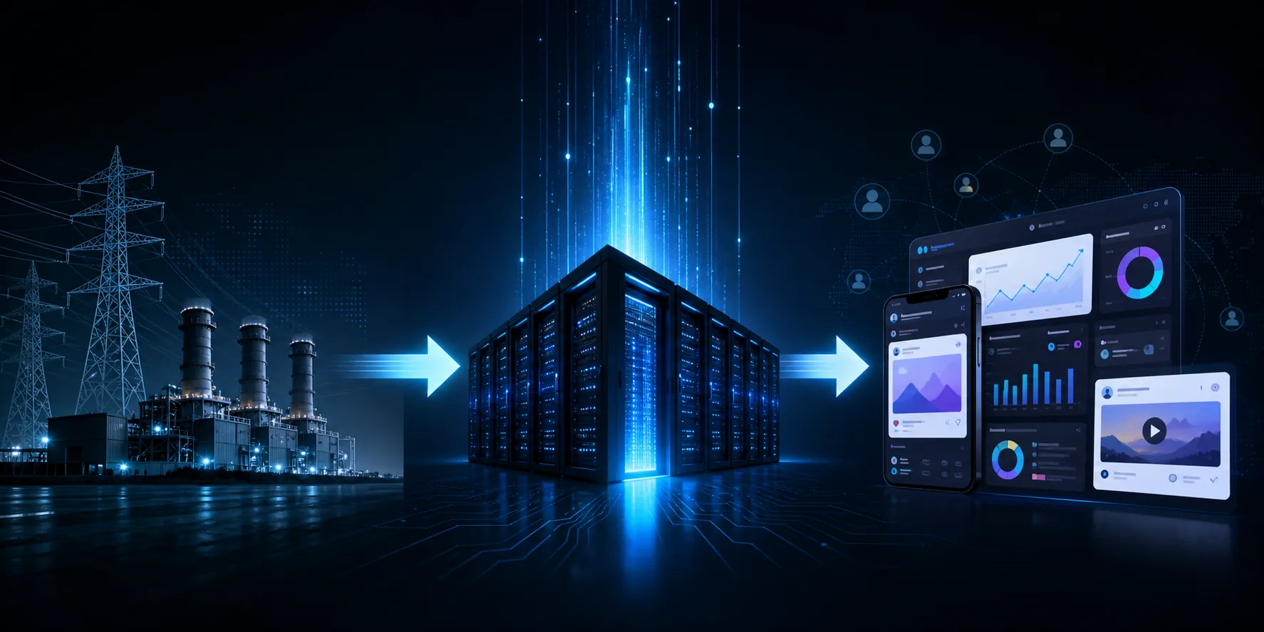 Flow from power towers and turbines to data centers and marketing platform dashboards