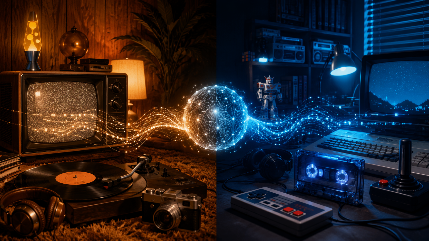 1970s and 1980s nostalgia objects connected by a digital data line