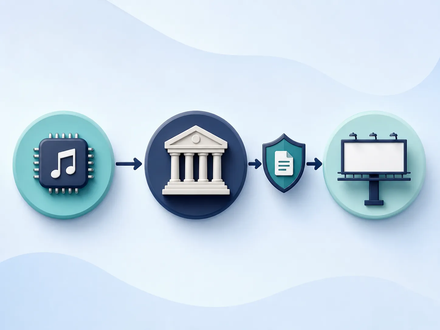 Flow from an AI music provider through legal review to an advertising billboard