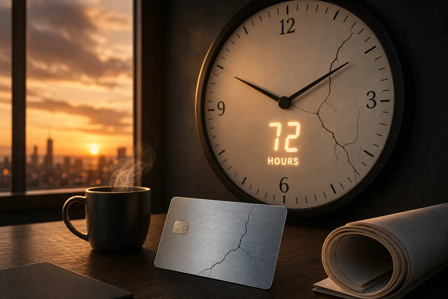 A cracked 72-hour clock beside a fractured loyalty rewards card on a dark table