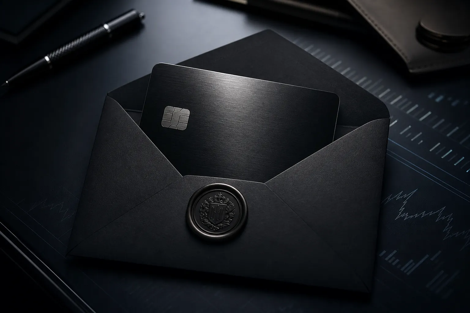 Sleek black metal credit card in an opened envelope on a dark desk with financial chart lines