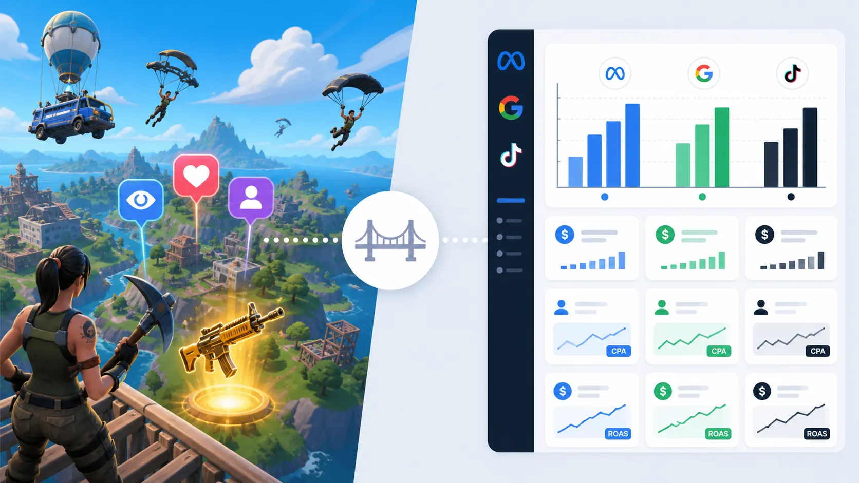 Fortnite island metrics compared with a paid media analytics dashboard