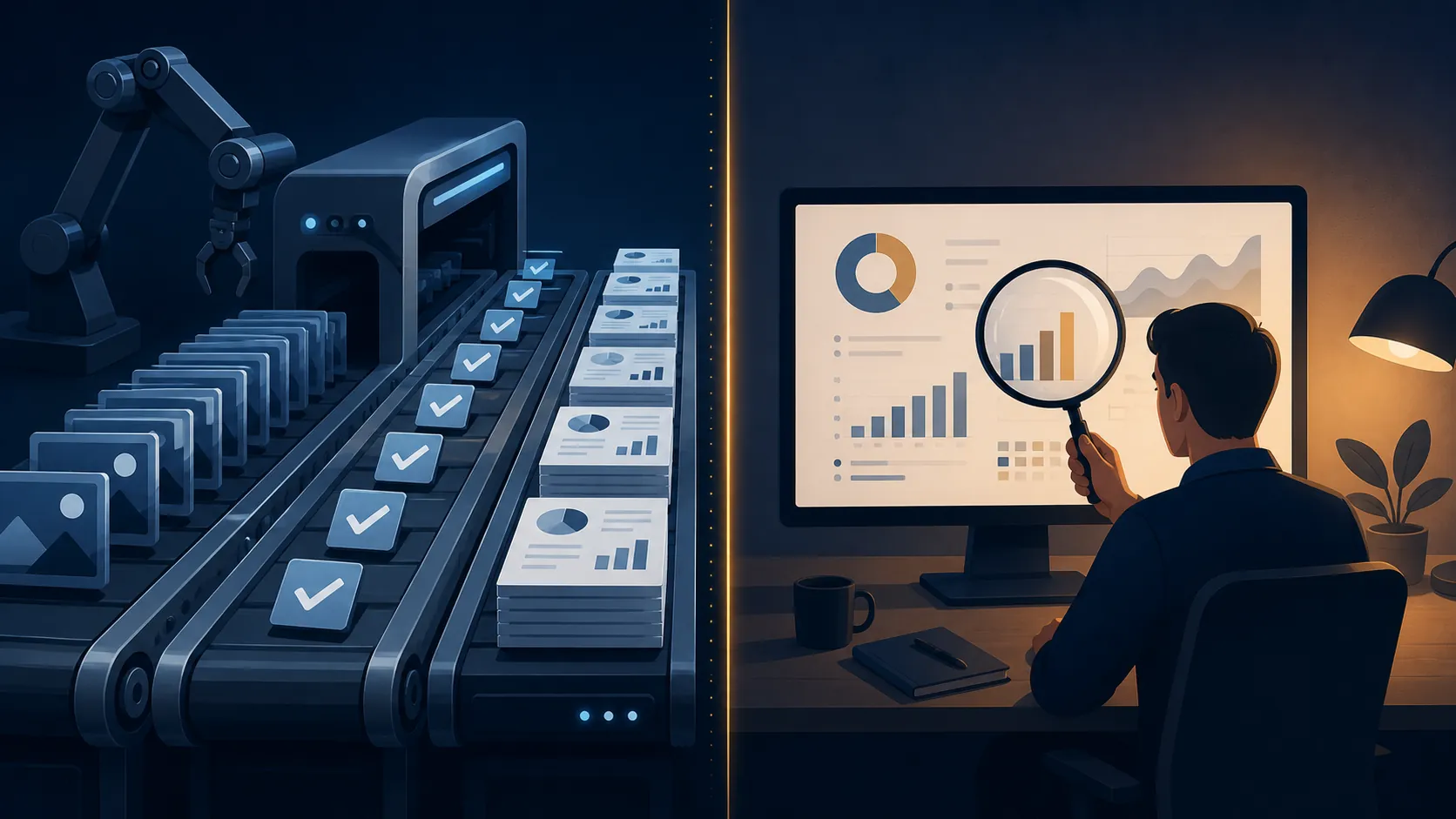 Automated ad pipeline on one side and a media buyer verifying analytics on the other
