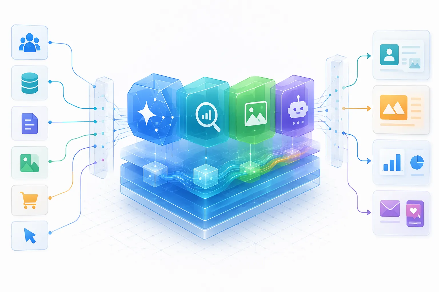 Modular AI service blocks connected into a marketing automation workflow