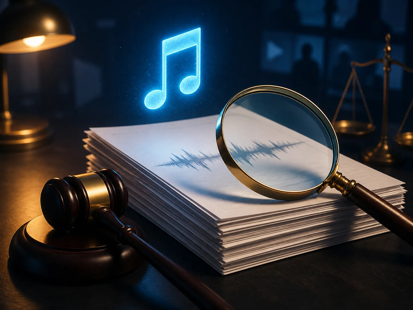 Music licensing documents, a gavel, and a magnifying glass representing legal review of advertising audio