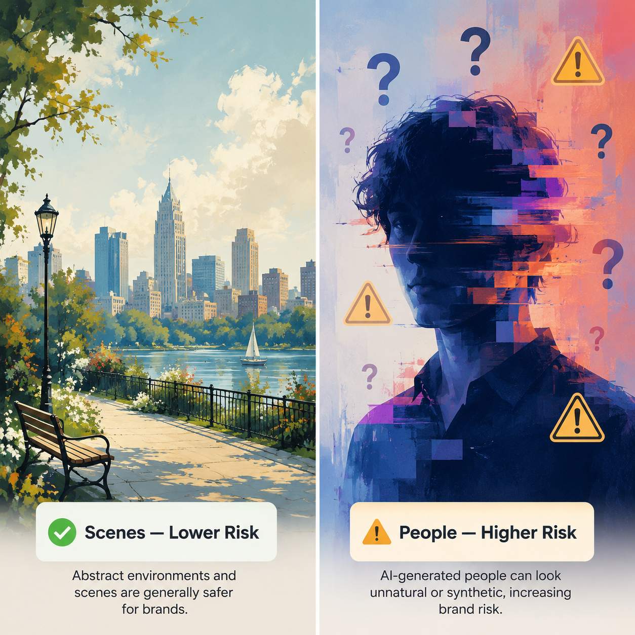 Split comparison showing AI-generated scenes as lower risk and synthetic people as higher risk