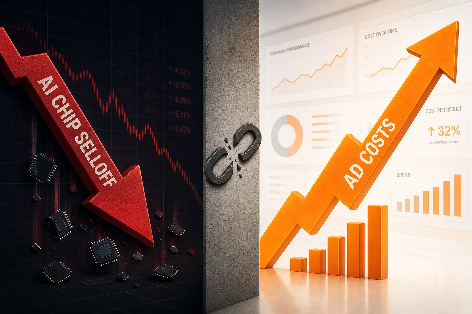 Split scene contrasting an AI chip selloff with rising ad costs