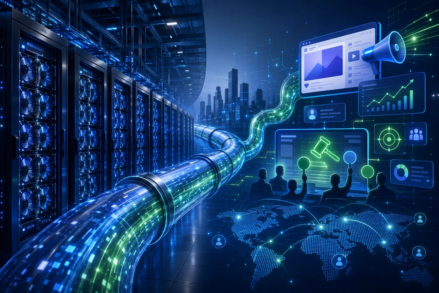 GPU server racks transforming into digital advertising metrics and auction interfaces