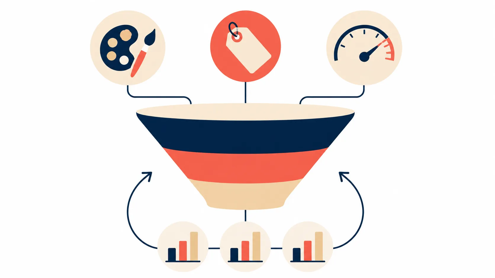 A broad AI-delivered ad funnel fed by creative, offer, and bid inputs with performance feedback charts