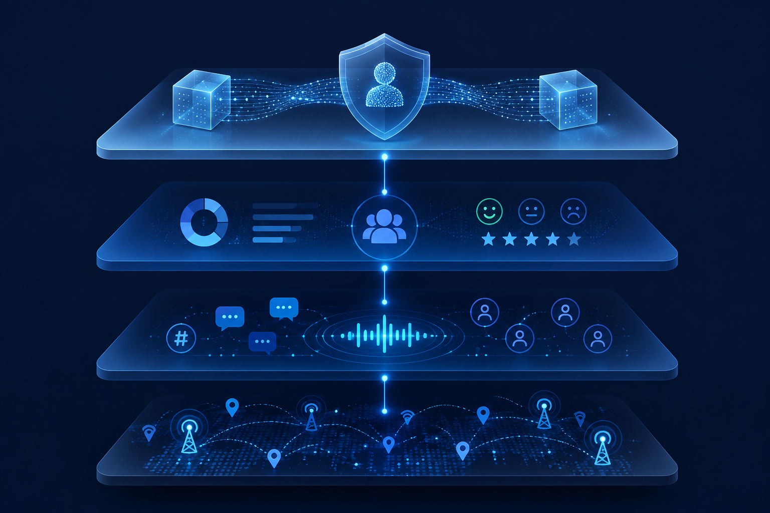 Stacked measurement layers showing connectivity, listening, survey, and data-sharing symbols