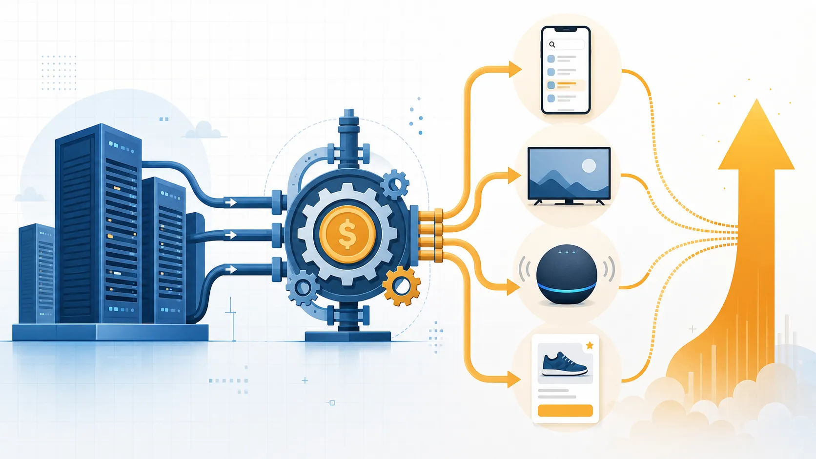 Diagram connecting AI infrastructure to retail media placements and auction pressure