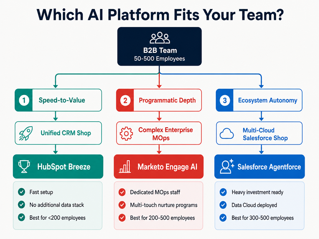 Decision framework infographic titled 'Which AI Platform Fits Your Team?' with three pathways: Speed-to-Value (HubSpot Breeze, best for under 200 employees), Programmatic Depth (Marketo Engage, 200-500 employees), and Ecosystem Autonomy (Salesforce Agentforce, 300-500 employees).