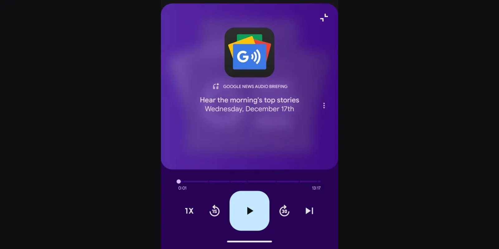 Google News Listen tab displaying an AI-generated audio briefing card with playback controls