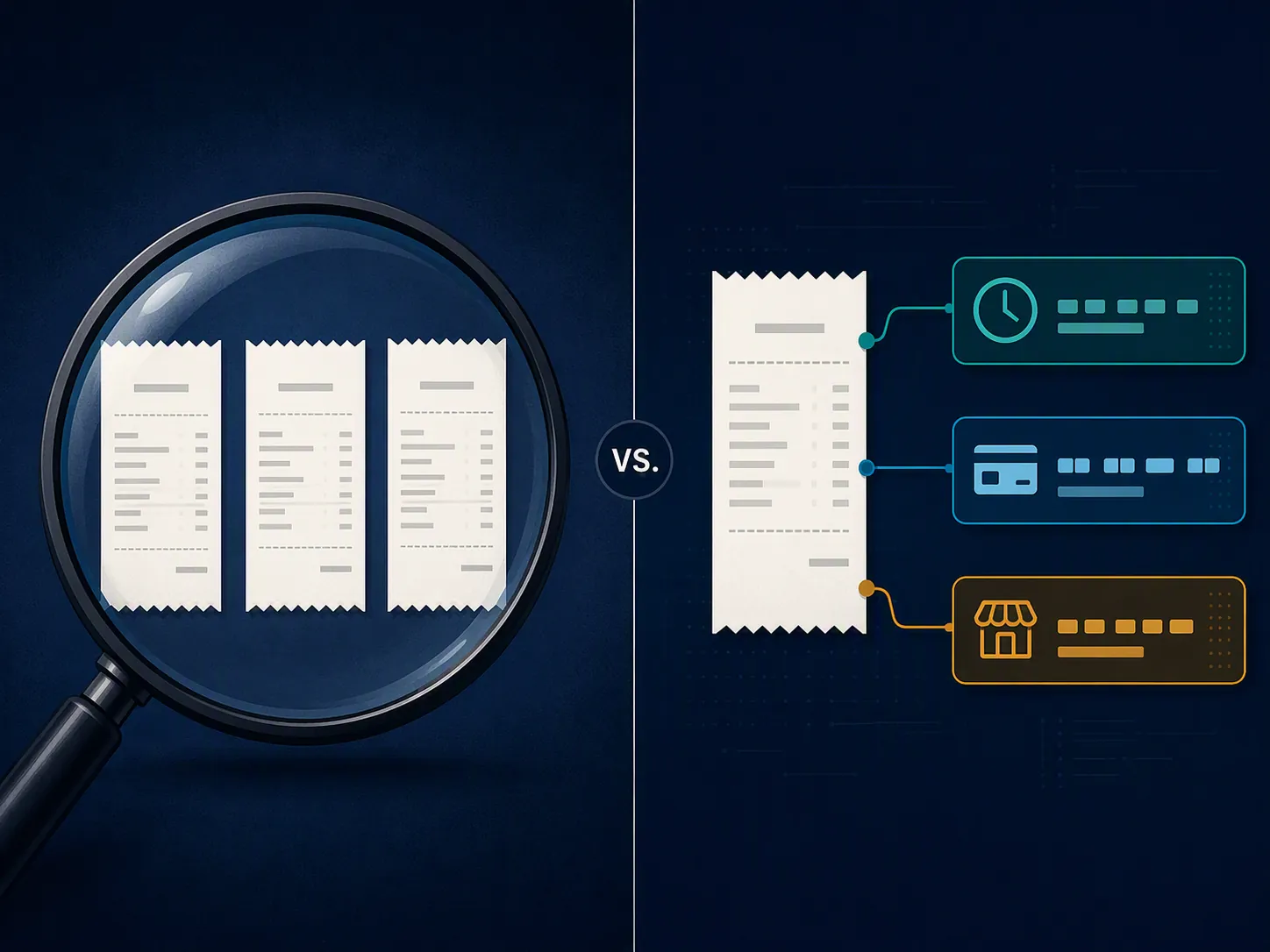 Receipt inspection contrasted with matching a receipt to timestamp, card, and merchant records