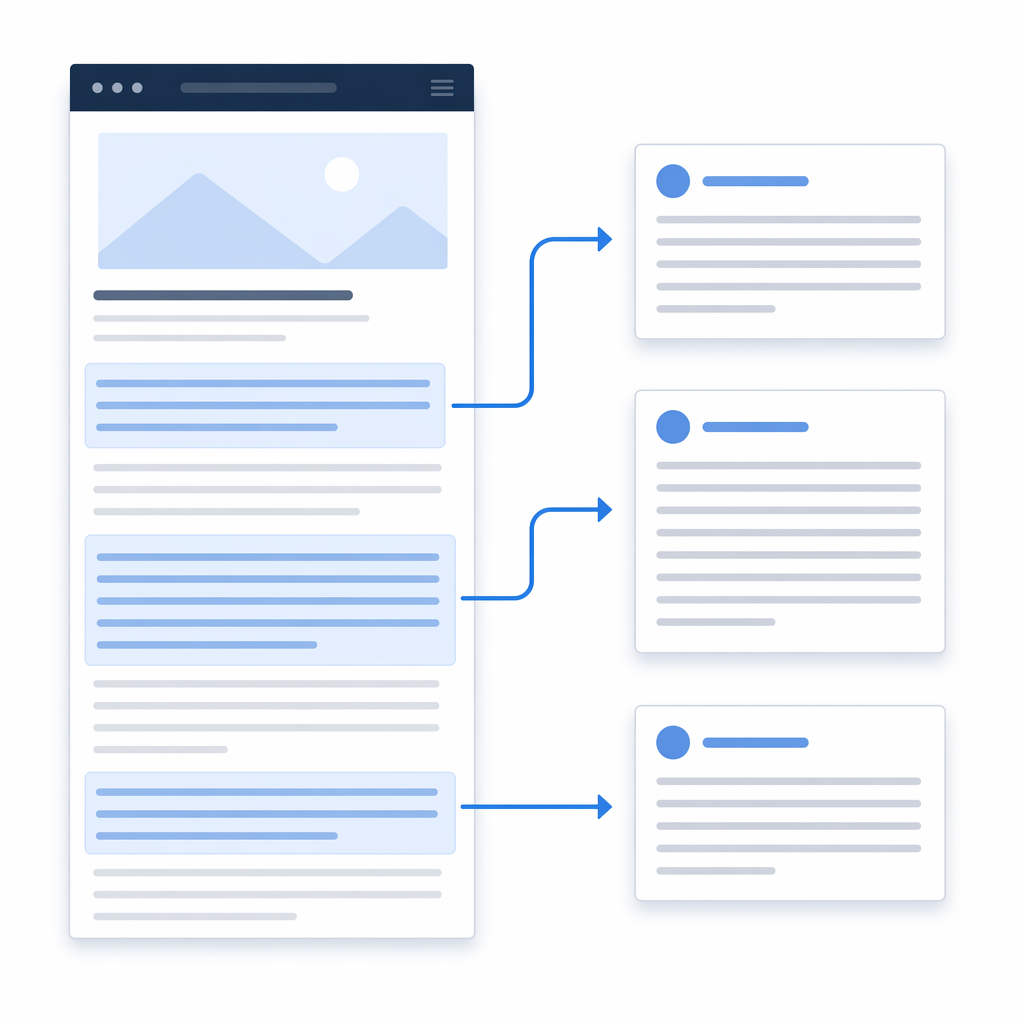 Article layout with highlighted self-contained passages connected to extractable excerpt cards