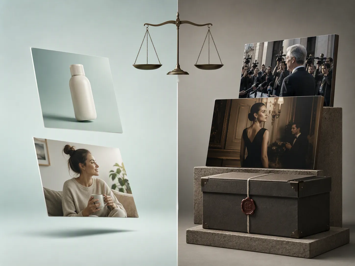 Two lanes of ad creative showing generic synthetic-looking creative on one side and provenance-sensitive editorial, premium campaign, and rights archive assets on the other