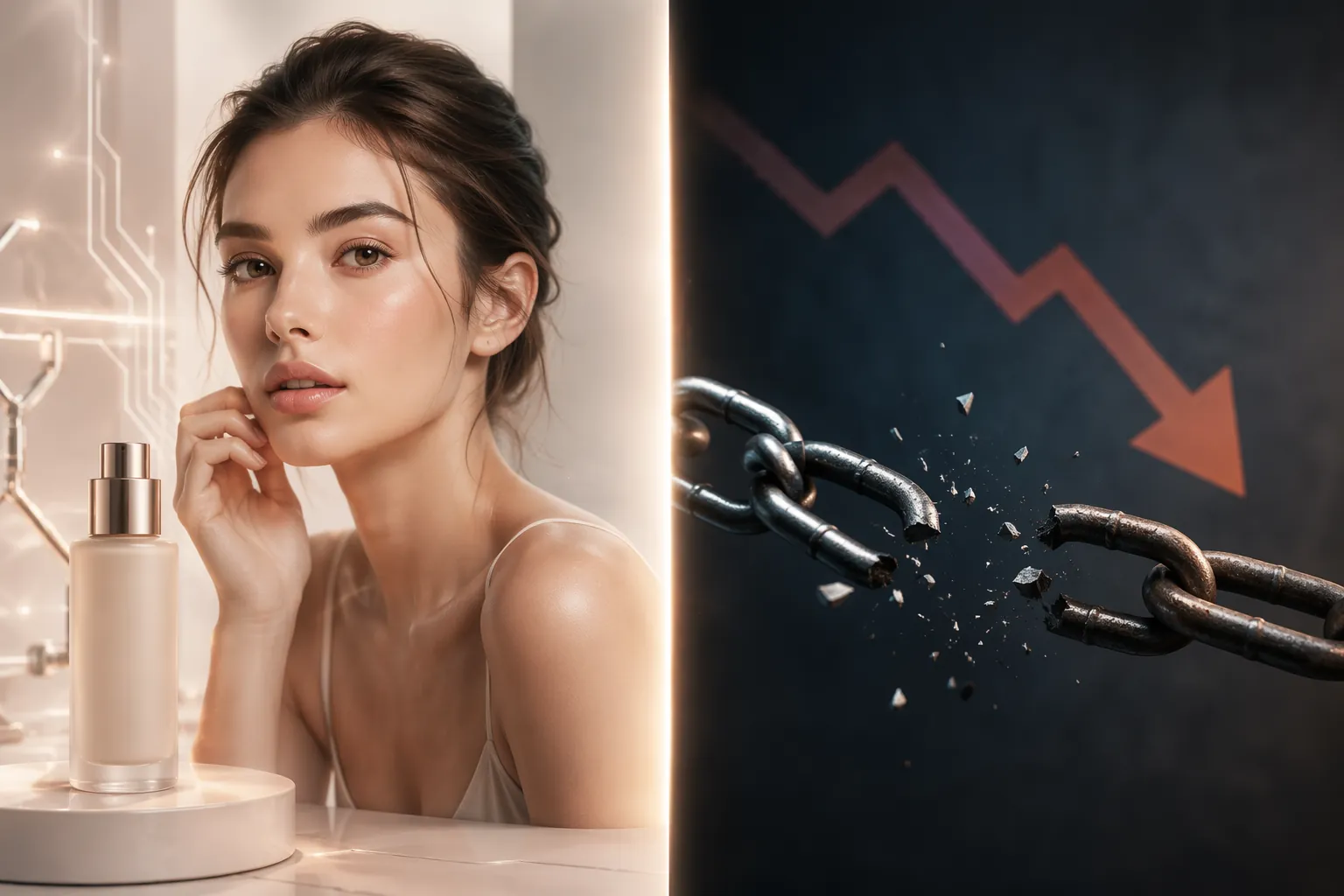 Split editorial image contrasting an artificial-looking AI-generated ad with declining consumer trust