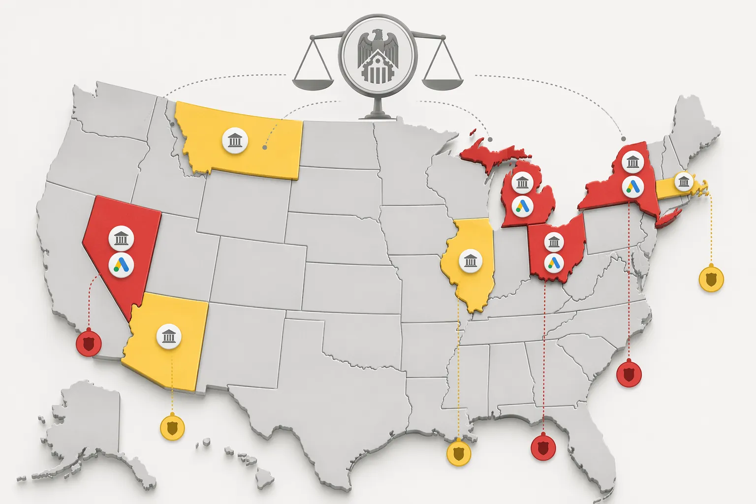 Stylized United States map showing restricted and watch-list states for prediction market ads