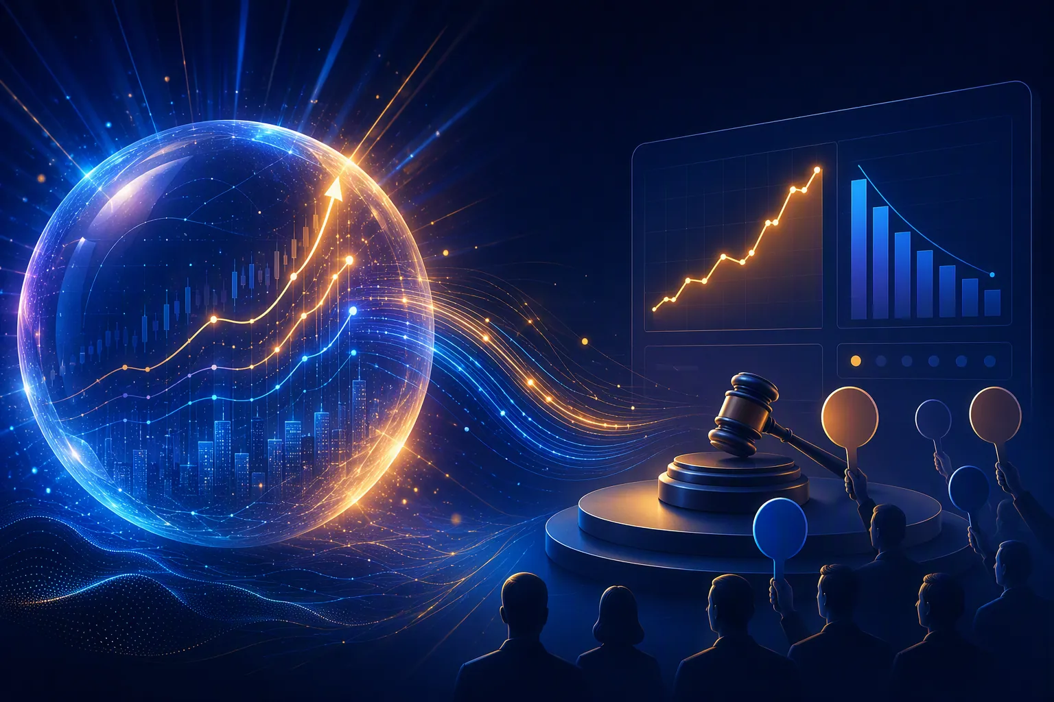 Illustration of AI investment pressure flowing into a digital ad auction with rising costs and shrinking clicks
