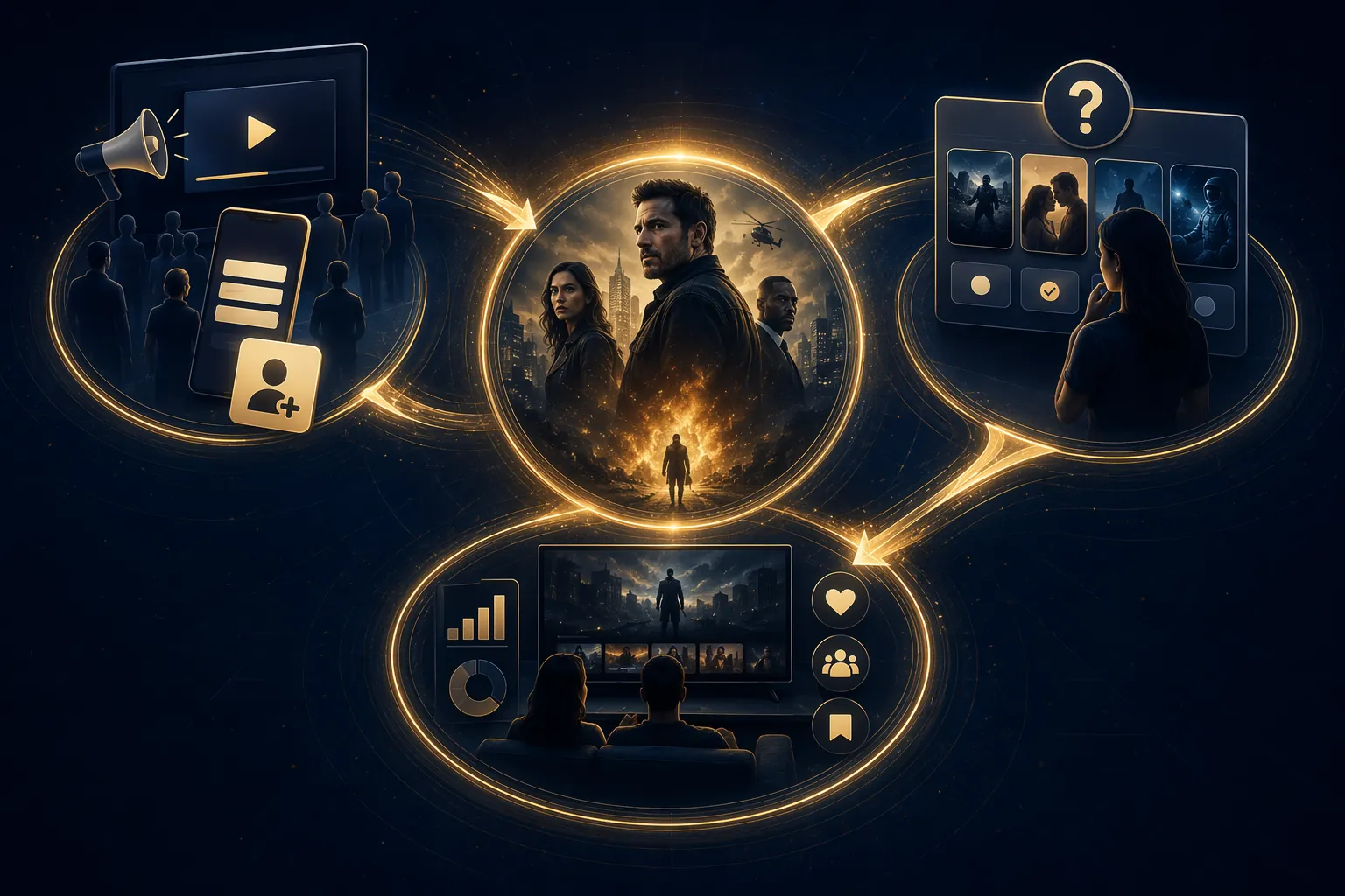 Circular ecosystem flow connecting acquisition, onboarding, and retention around a tentpole streaming show