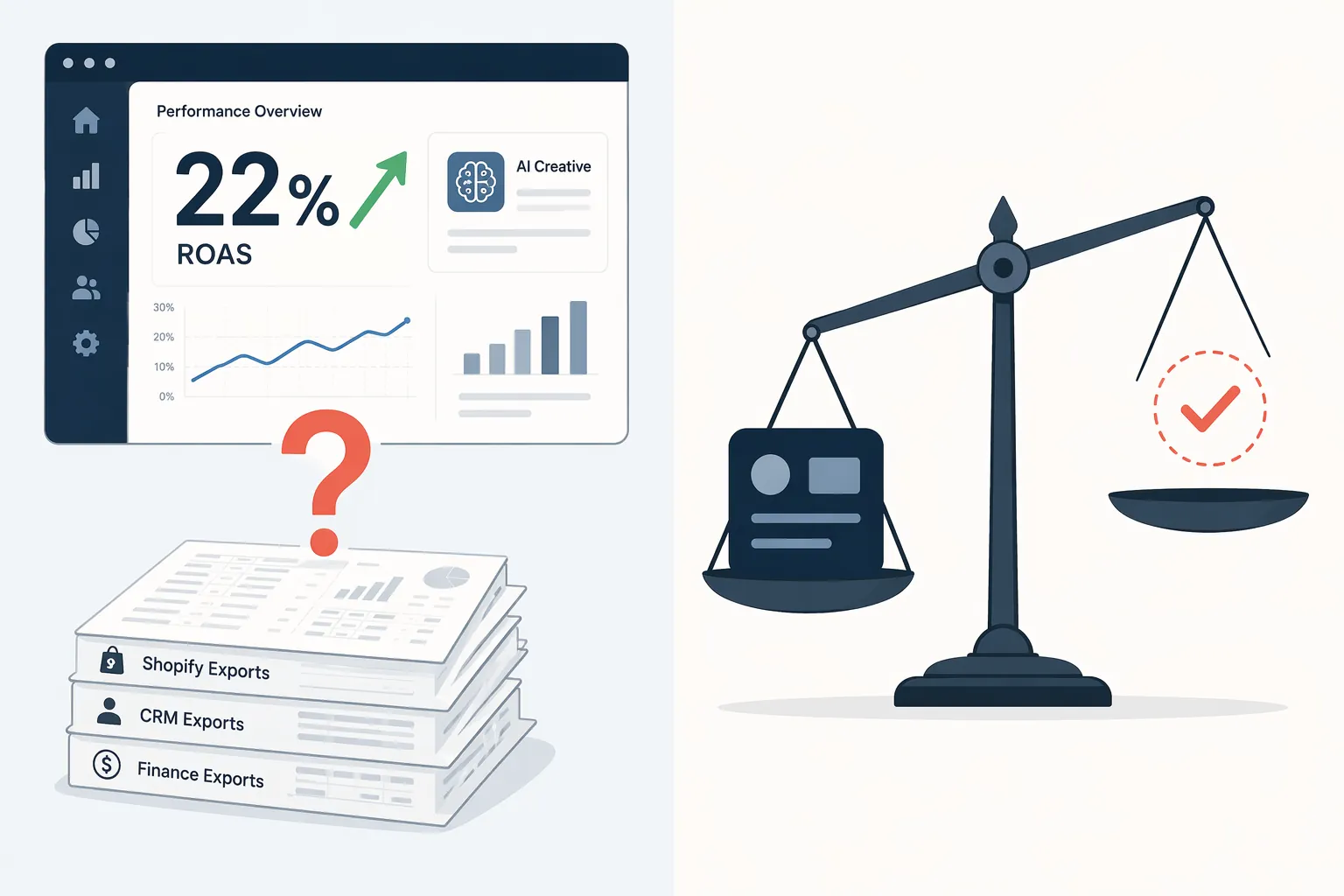 Illustration of a platform-reported 22% ROAS metric separated from independent verification documents