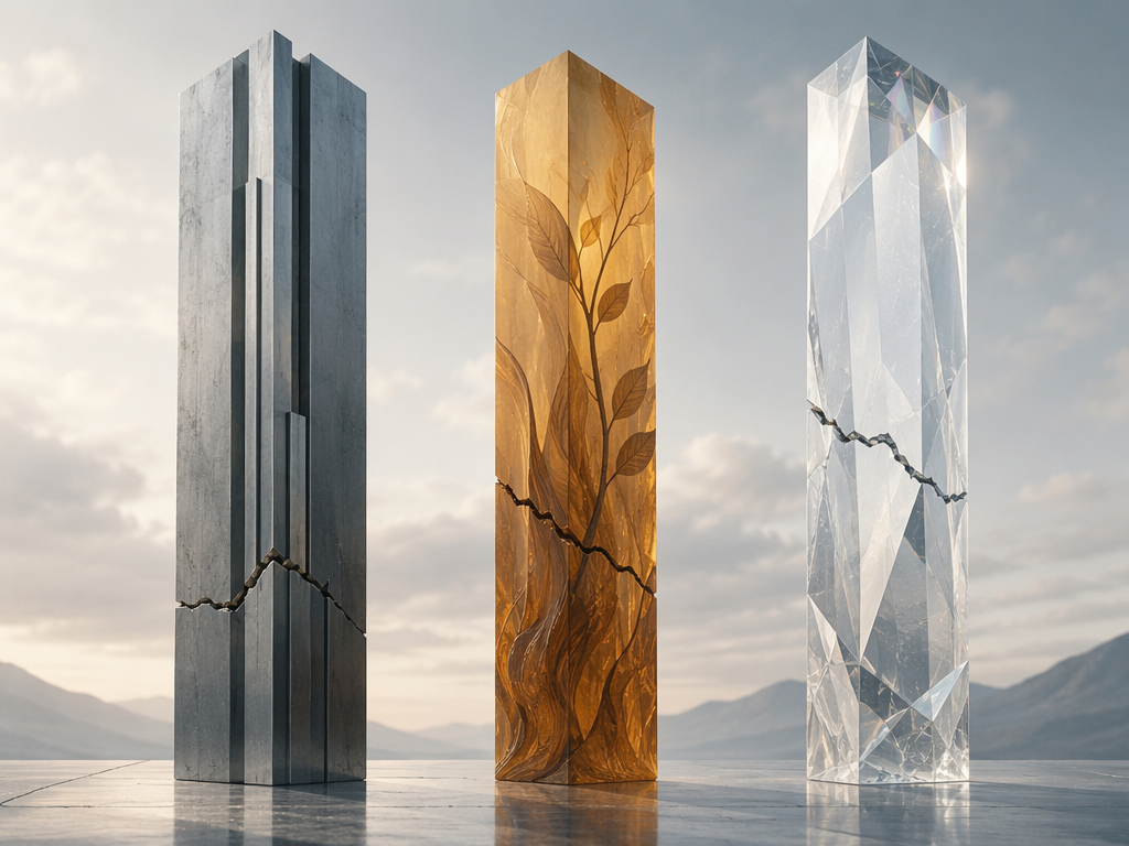 Three cracked abstract pillars representing competence, benevolence, and integrity trust after a food recall