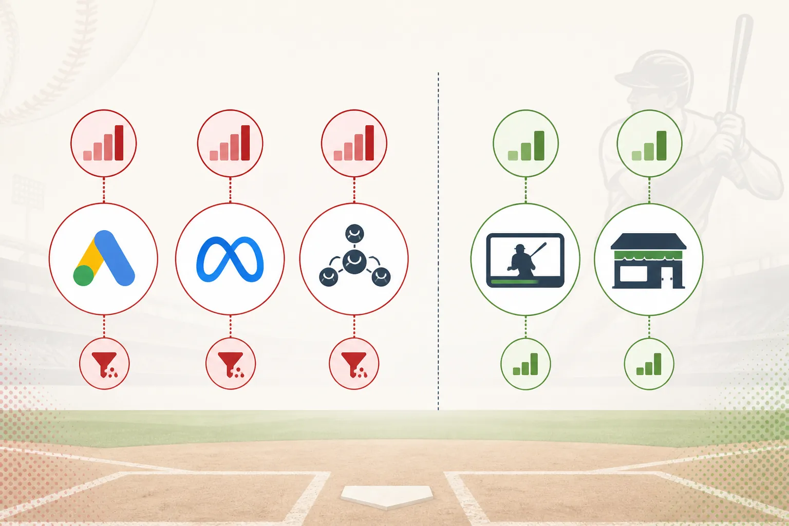 Comparison infographic of Google PMax, Meta Advantage Plus, affiliate, embedded broadcast, and retail sportsbook betting ad channels with CPA and invalid traffic indicators